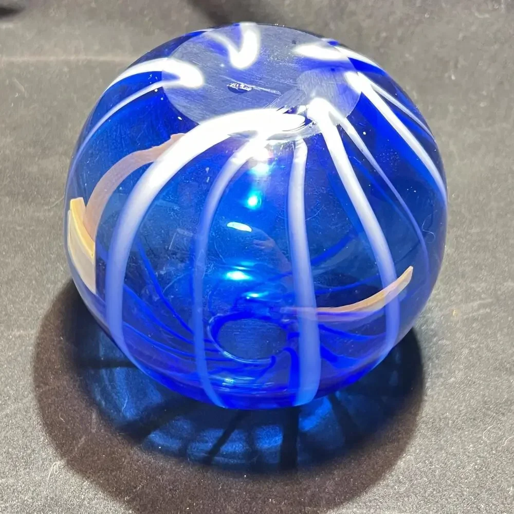 Hand Blown, Cobalt Blue and White Cane, Globe Vase
